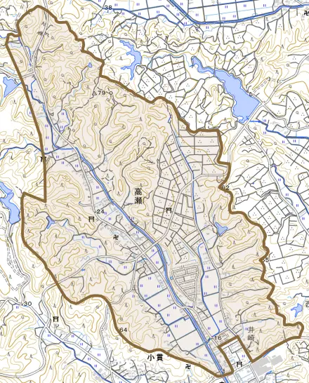 高瀬とその周辺の地図。町の範囲を重ねている