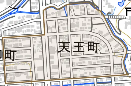 天王町とその周辺の地図。町の範囲を重ねている