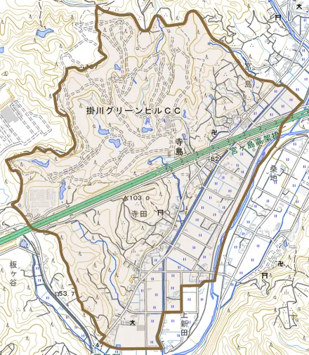 寺島とその周辺の地図。町の範囲を重ねている