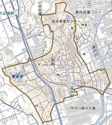 富部とその周辺の地図。町の範囲を重ねている