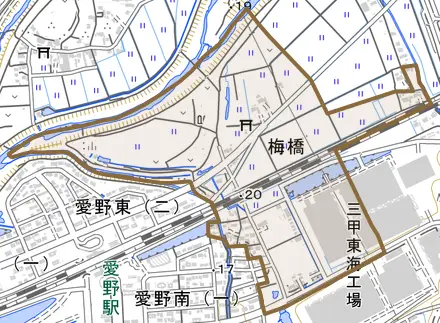 梅橋とその周辺の地図。町の範囲を重ねている