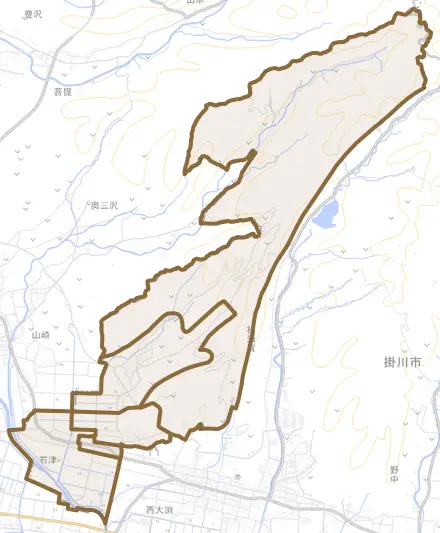 山崎とその周辺の地図。町の範囲を重ねている