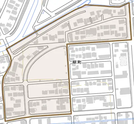 柳町とその周辺の地図。町の範囲を重ねている
