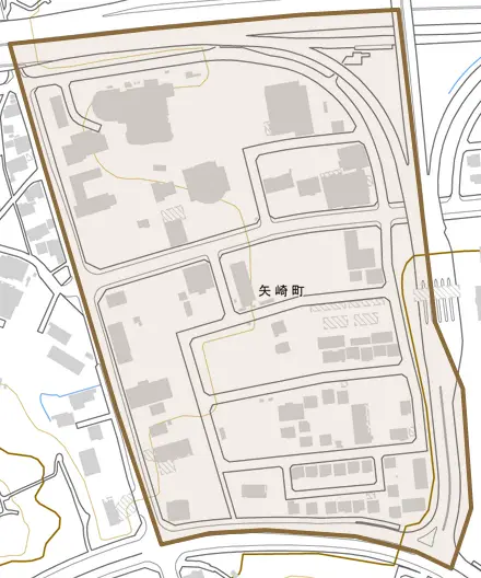 矢崎町とその周辺の地図。町の範囲を重ねている
