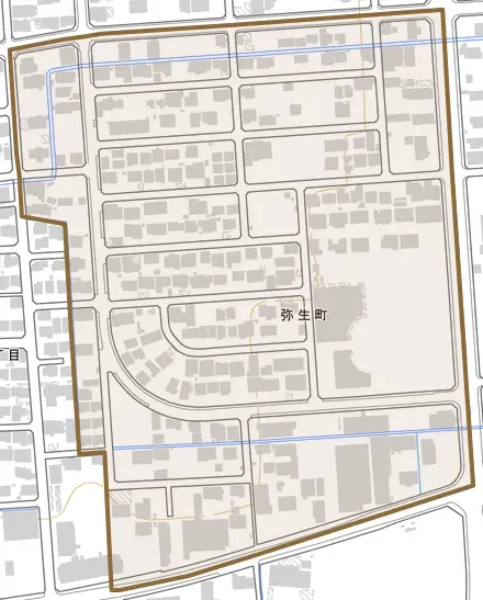 弥生町とその周辺の地図。町の範囲を重ねている