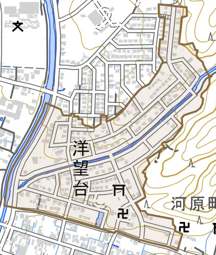 洋望台とその周辺の地図。町の範囲を重ねている