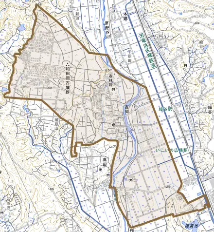吉岡とその周辺の地図。町の範囲を重ねている