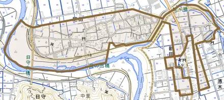 肥田とその周辺の地図。町の範囲を重ねている