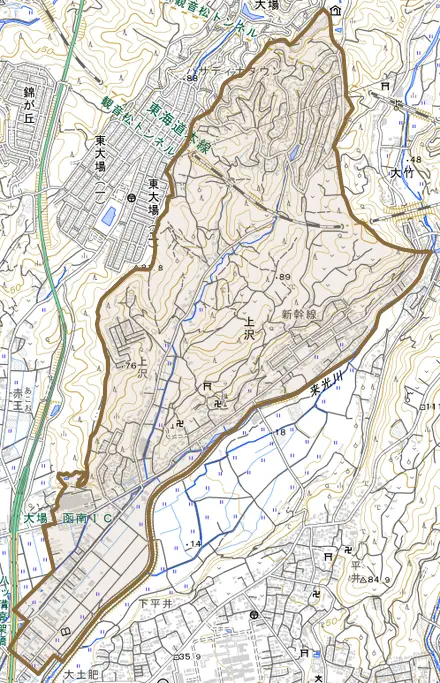 上沢とその周辺の地図。町の範囲を重ねている