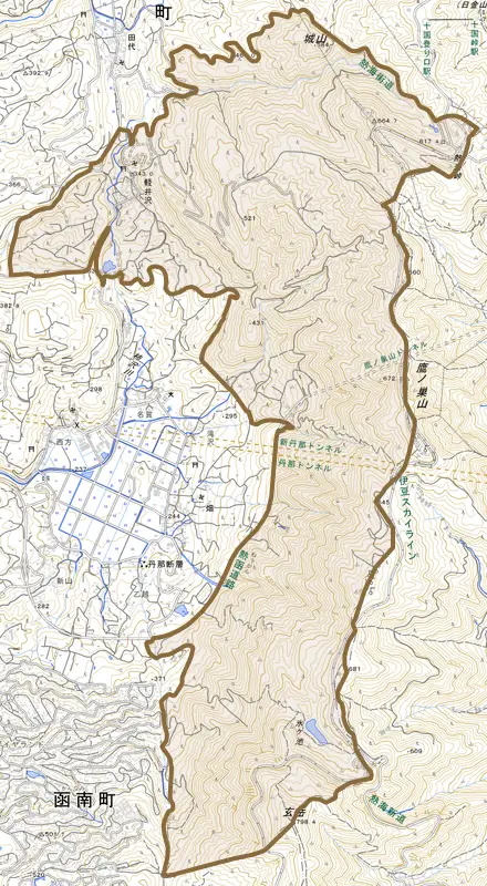 軽井沢とその周辺の地図。町の範囲を重ねている