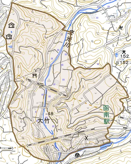 大竹とその周辺の地図。町の範囲を重ねている