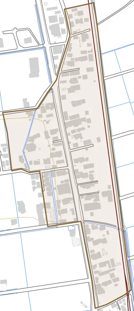 新田とその周辺の地図。町の範囲を重ねている