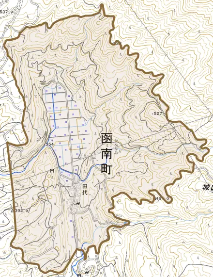 田代とその周辺の地図。町の範囲を重ねている