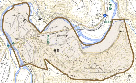 青部とその周辺の地図。町の範囲を重ねている