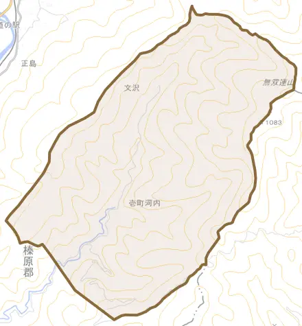 文沢とその周辺の地図。町の範囲を重ねている