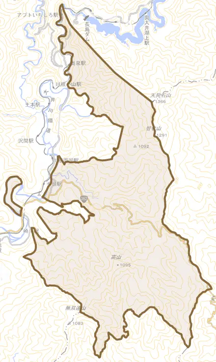 東藤川とその周辺の地図。町の範囲を重ねている