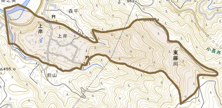 上岸とその周辺の地図。町の範囲を重ねている