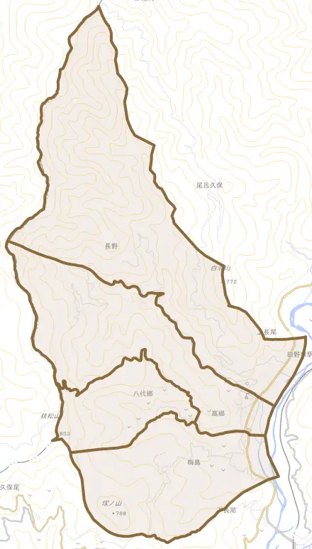 上長尾とその周辺の地図。町の範囲を重ねている