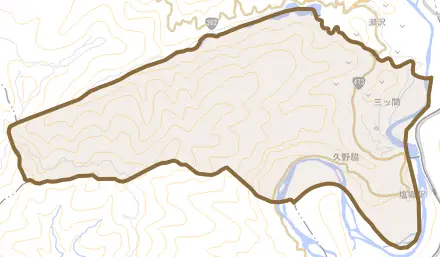 久野脇とその周辺の地図。町の範囲を重ねている