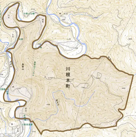 桑野山とその周辺の地図。町の範囲を重ねている