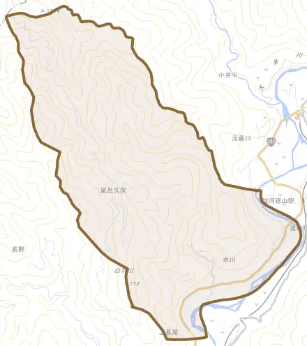 水川とその周辺の地図。町の範囲を重ねている
