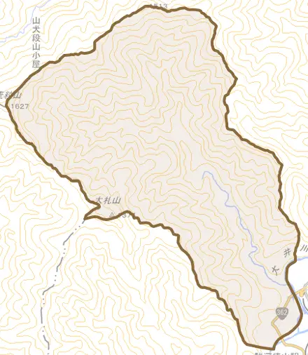 元藤川とその周辺の地図。町の範囲を重ねている