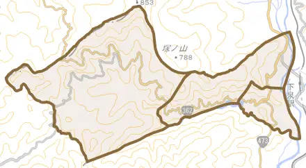 下長尾とその周辺の地図。町の範囲を重ねている