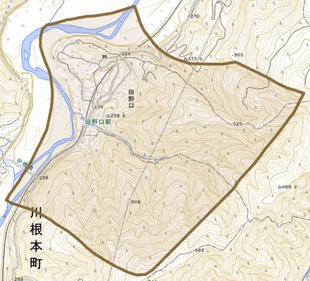 田野口とその周辺の地図。町の範囲を重ねている