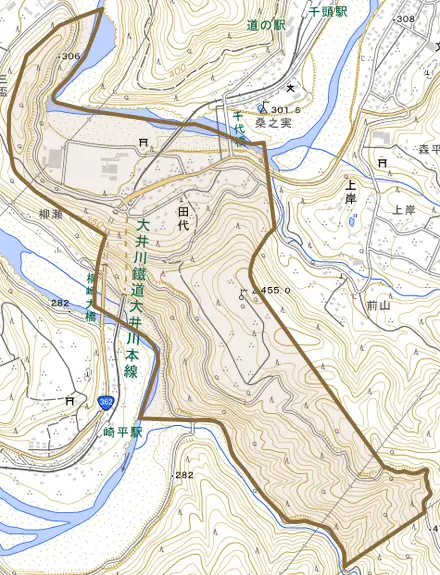 田代とその周辺の地図。町の範囲を重ねている