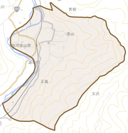 徳山とその周辺の地図。町の範囲を重ねている