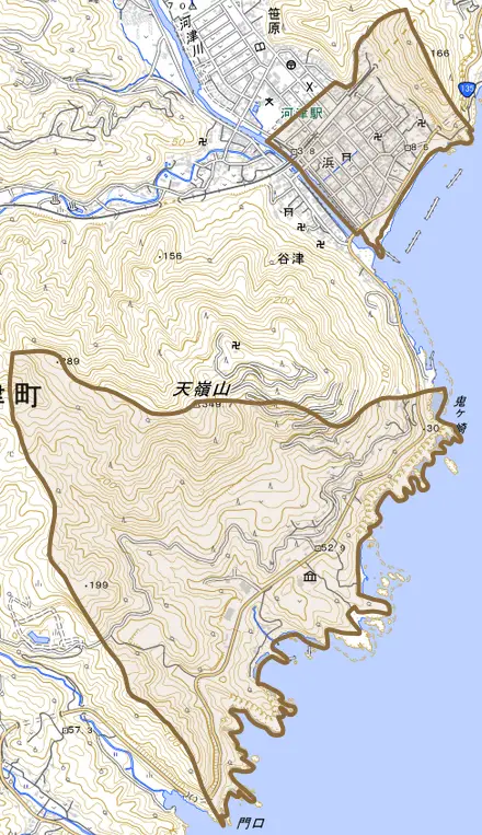 浜とその周辺の地図。町の範囲を重ねている