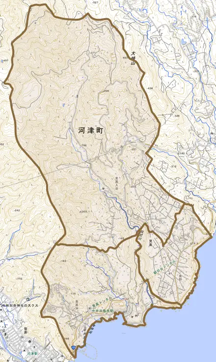 見高とその周辺の地図。町の範囲を重ねている