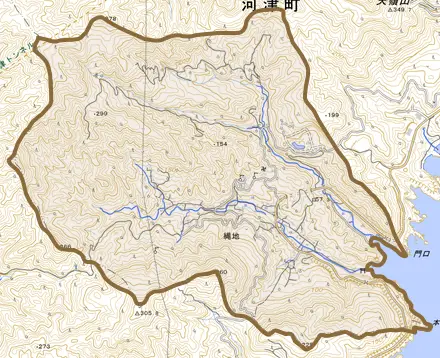 縄地とその周辺の地図。町の範囲を重ねている