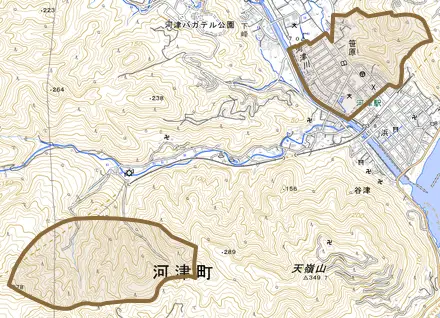 笹原とその周辺の地図。町の範囲を重ねている