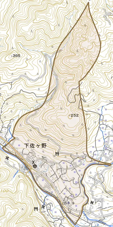 下佐ケ野とその周辺の地図。町の範囲を重ねている