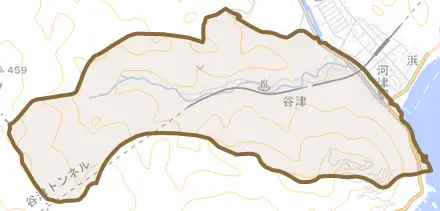 谷津とその周辺の地図。町の範囲を重ねている