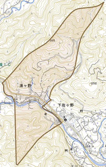 湯ケ野とその周辺の地図。町の範囲を重ねている