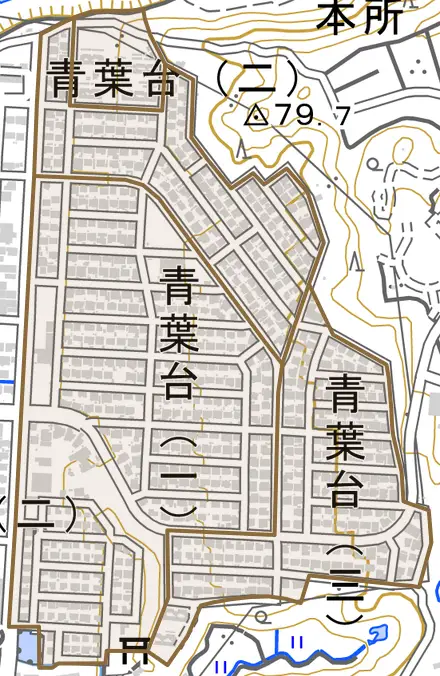 青葉台とその周辺の地図。町の範囲を重ねている