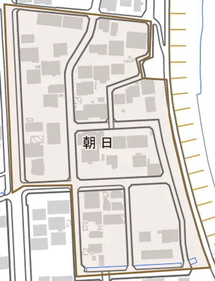 朝日とその周辺の地図。町の範囲を重ねている