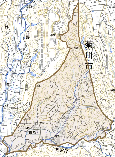 古谷とその周辺の地図。町の範囲を重ねている