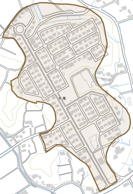 平尾とその周辺の地図。町の範囲を重ねている