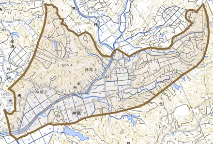 神尾とその周辺の地図。町の範囲を重ねている