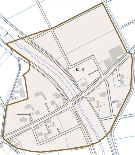 耳川とその周辺の地図。町の範囲を重ねている
