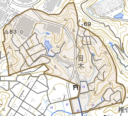 目木とその周辺の地図。町の範囲を重ねている