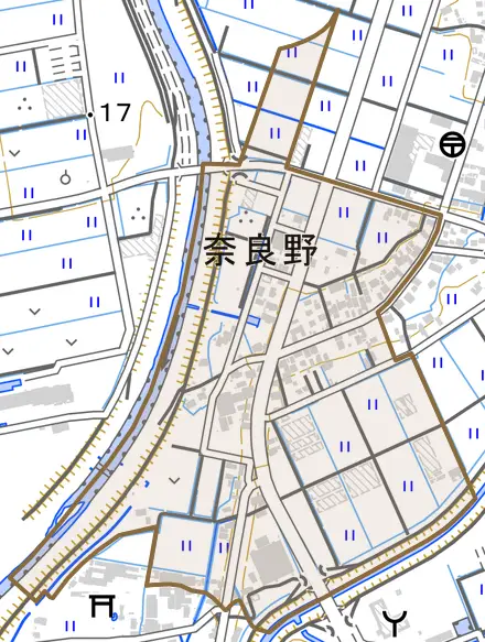 奈良野とその周辺の地図。町の範囲を重ねている