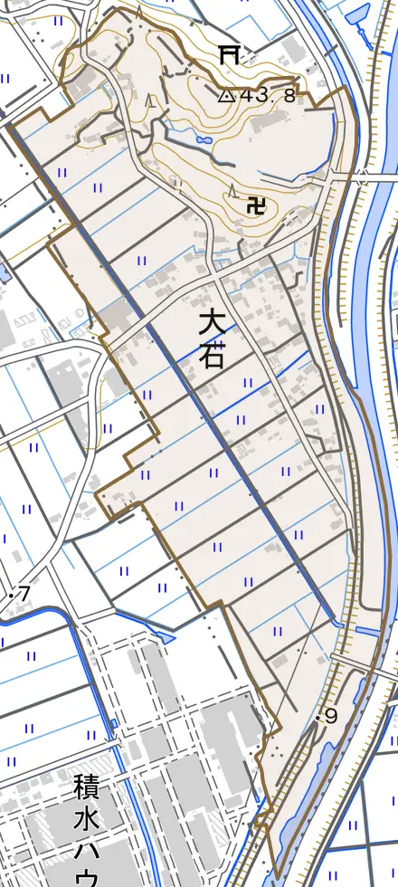 大石とその周辺の地図。町の範囲を重ねている