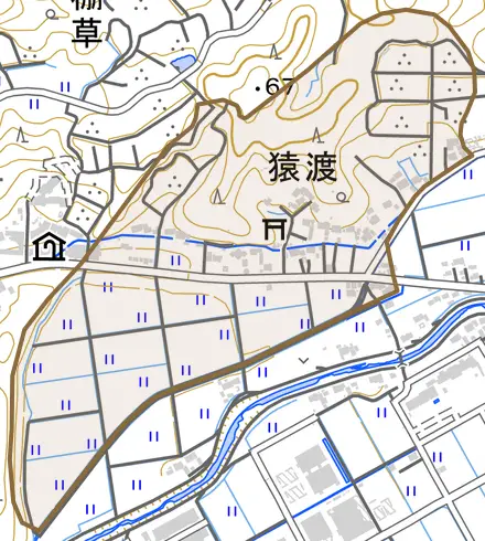 猿渡とその周辺の地図。町の範囲を重ねている