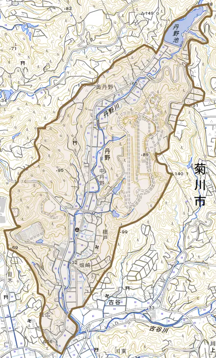 丹野とその周辺の地図。町の範囲を重ねている