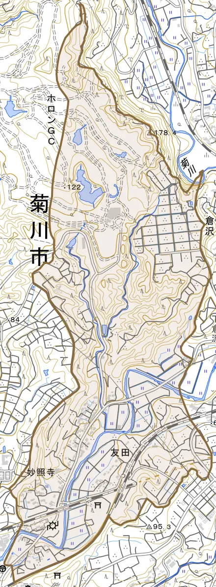 友田とその周辺の地図。町の範囲を重ねている
