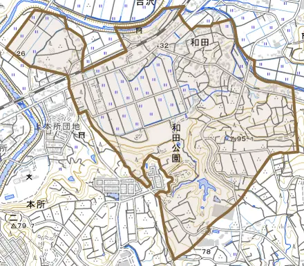 和田とその周辺の地図。町の範囲を重ねている